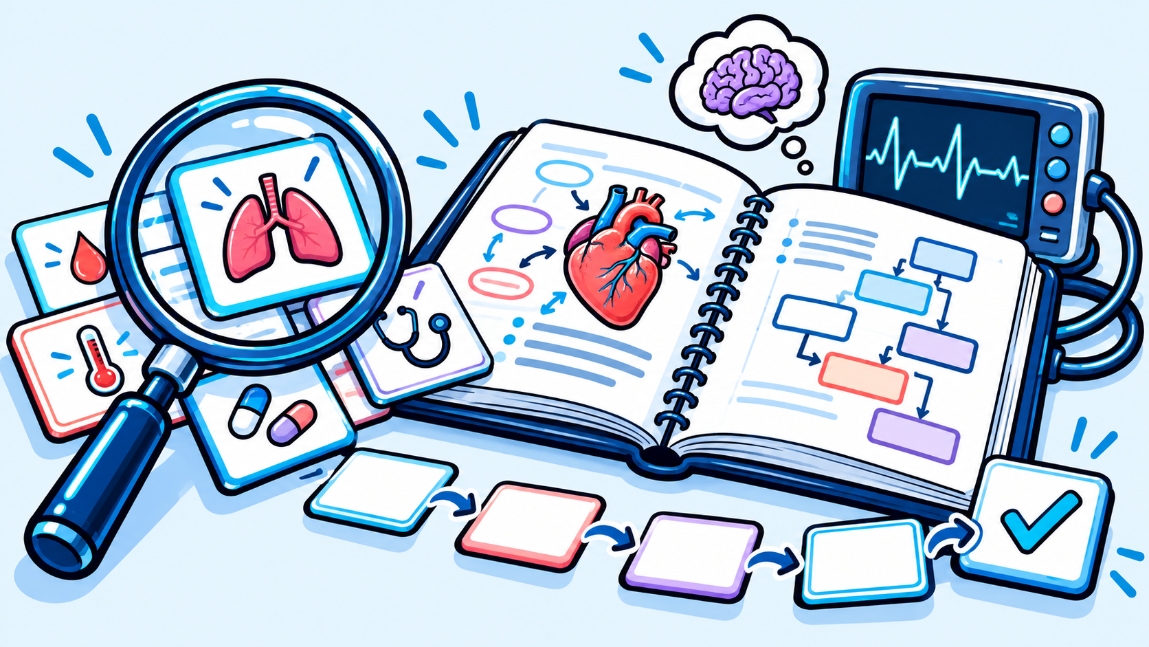 Illustrated clinical cue cards, assessment tools and a magnifying glass for examining nursing decisions.