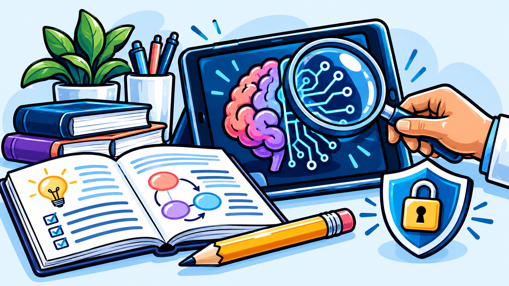 Illustrated human hand reviewing an AI tablet beside a notebook, magnifying glass and privacy shield.